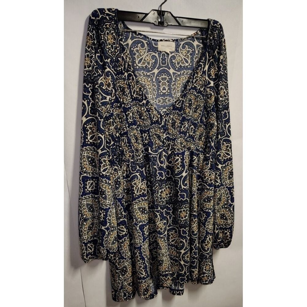 Mello‎ Day Multicolor Short Dress Size Large Melloday Paisly V-Neck Puff Sleeve